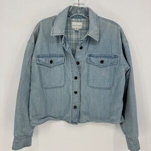 American Eagle Outfitter Denim Shirt Jacket Blue Plaid Lined Distressed Womens S